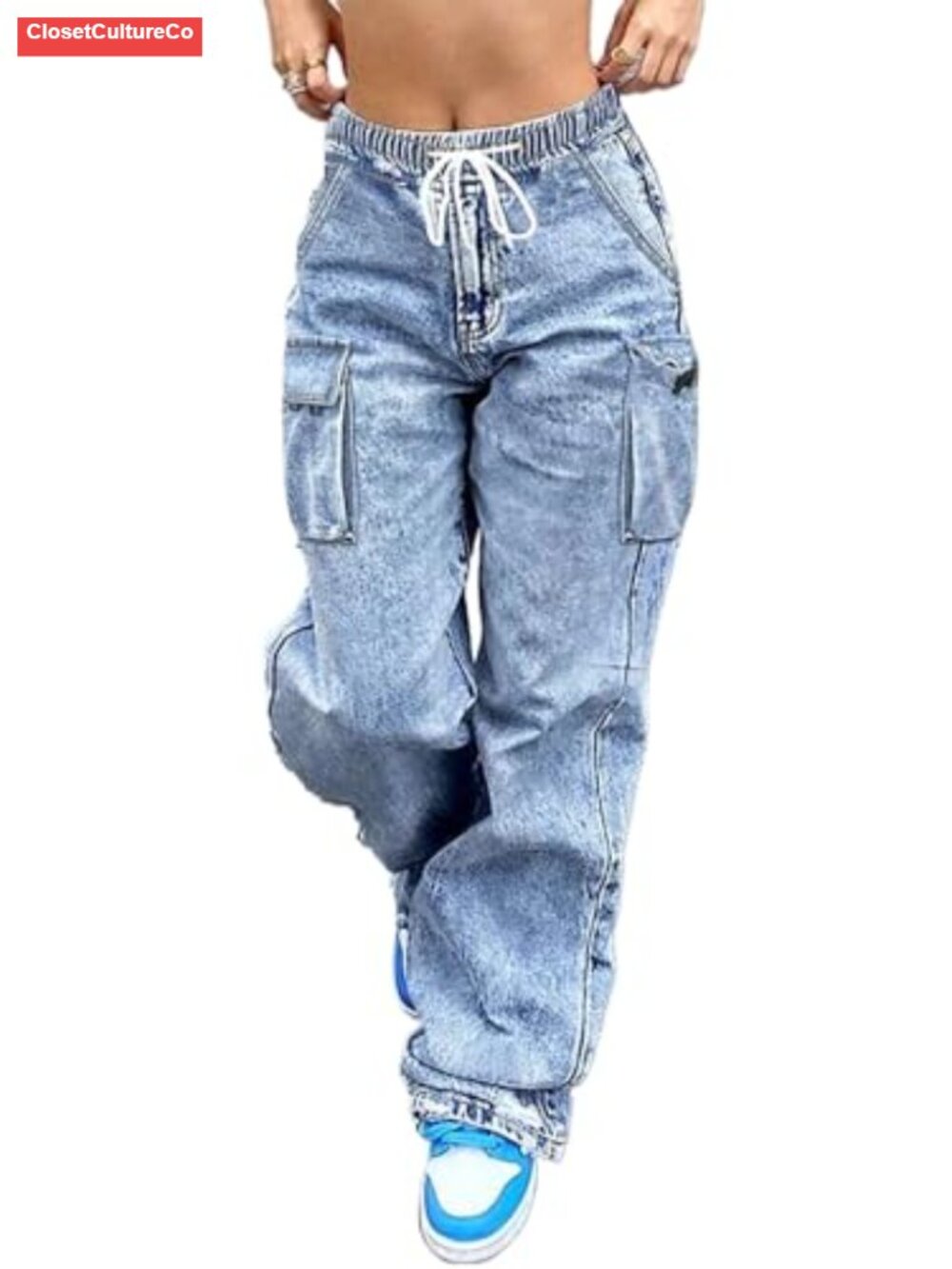 Wide Leg Cargo Jeans Mid Rise Elastic Waist Drawstring Pants